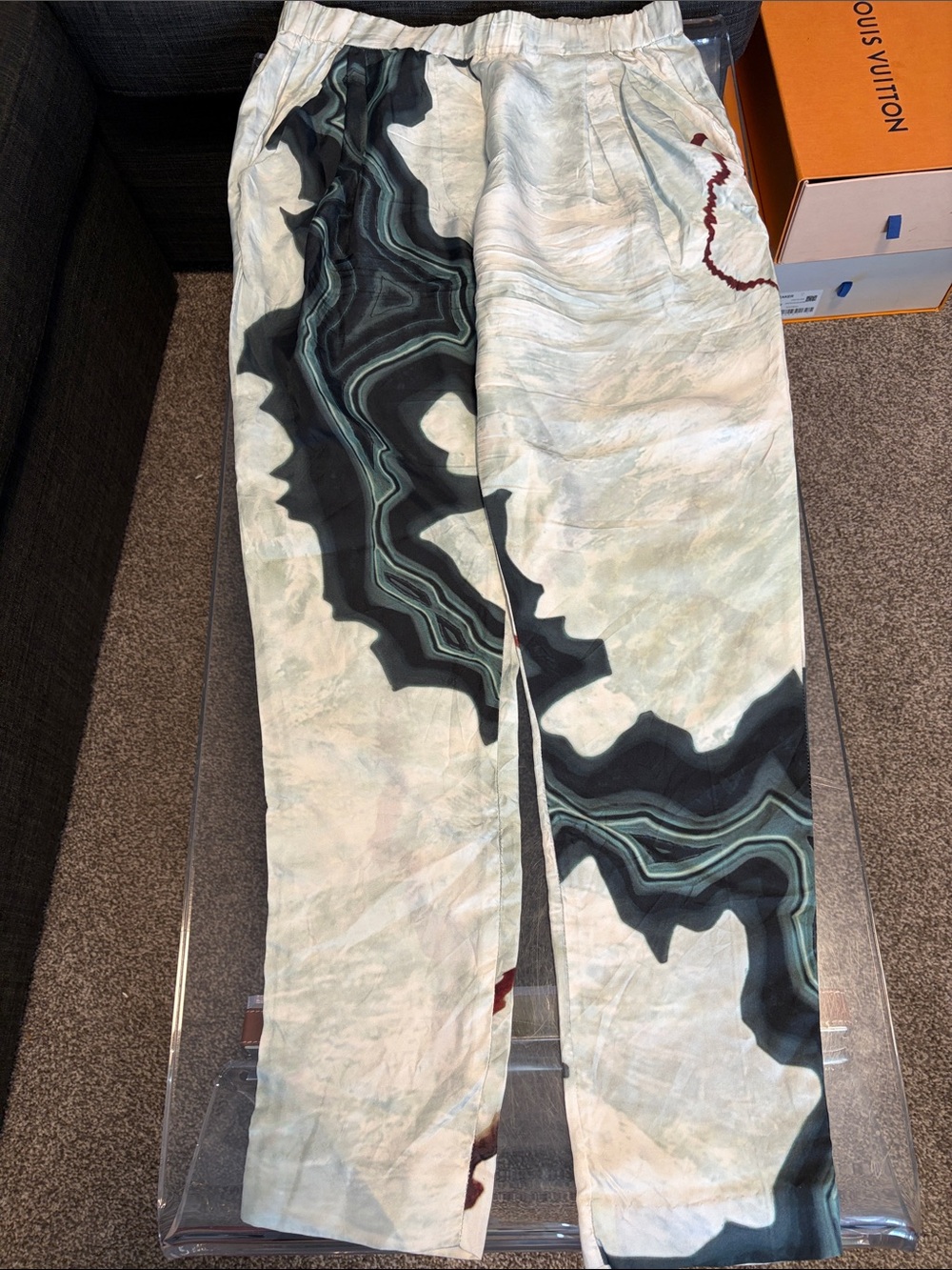 3.1 Phillip Lim Marble-Print Joggers in Mint, Black & Dark Teal silk